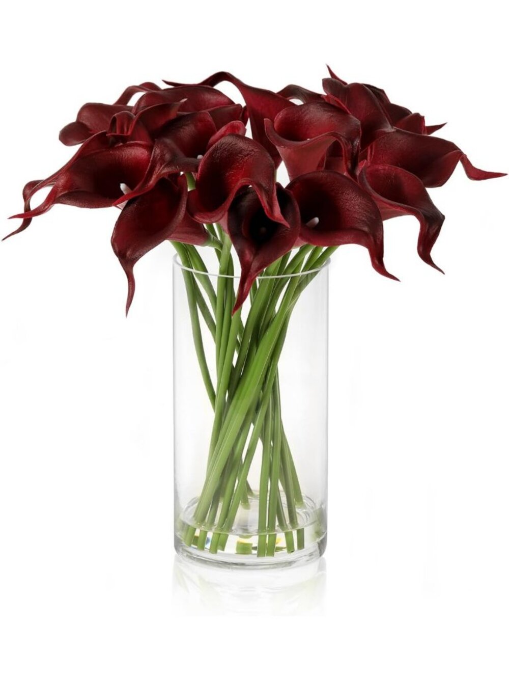 20PCS Dark Red Calla Lilies Faux Flowers in Vase with Fake Water for Home Decor